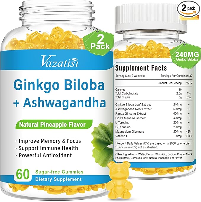 240MG Ginkgo Biloba Gummies | 120 Gummies | Improve Mood and Focus, Brain Health| Pineapple Flavor | Vegan, Non-GMO, Gluten Free Supplement