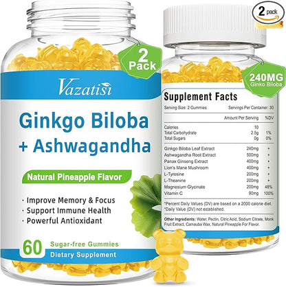 240MG Ginkgo Biloba Gummies | 120 Gummies | Improve Mood and Focus, Brain Health| Pineapple Flavor | Vegan, Non-GMO, Gluten Free Supplement