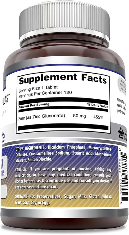 Amazing Formulas Zinc Gluconate Supplement | 50 Mg Per Serving | Tablets | Non-GMO | Gluten-Free | Made in USA (120 Count)