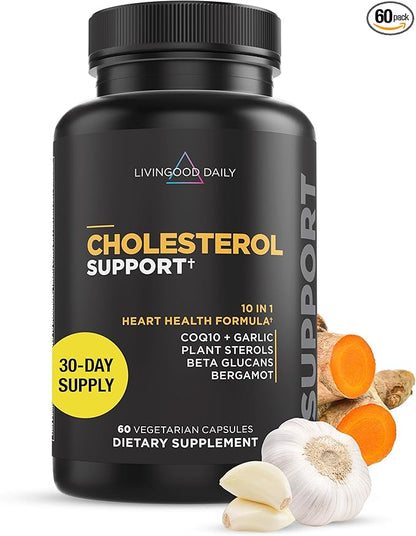 Livingood Daily Cholesterol Support Supplement with Garlic, CoQ10, Vitamin E, Bergamot, Plant Sterols for Body and Heart Health Support, Supports LDL and Triglycerides, Gluten Free, Vegan, 60 Capsules