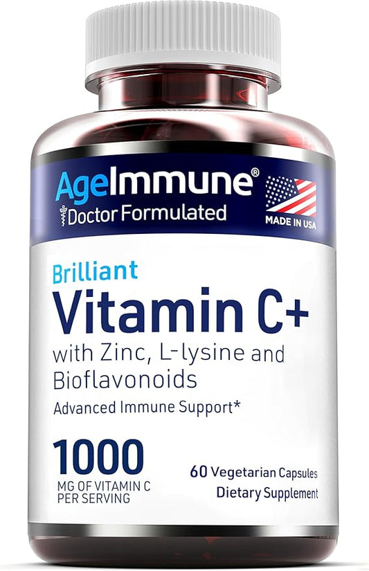 Vitamin C 1000mg Complex with L-Lysine 500mg, Zinc 12mg, Bioflavonoids 300mg. Doctor Formulated Magnesium Stearate Free Supplements for Healthy Immune System Support.(1)