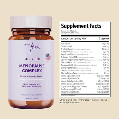 Inositol FEM Menositol 19-in-1 60Caps, Perimenopause & Menopause Supplements for Women Weight Loss with Myo-Inositol, D-chiro and Isoflavones, Control Metabolic Health, 100% Natural, Hormone, SoyFree