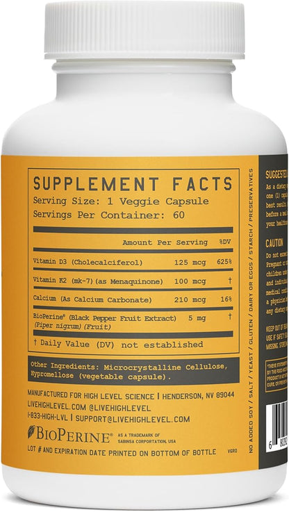 High Level K2-D3, Vitamin K2 Supplement, Dual Action Support Complex with Bioperine (Black Pepper) & 5000IU D3 Cholecalciferol, Support for Heart, Bone & Health Defense, 100MCG, 60 Veggie Capsules