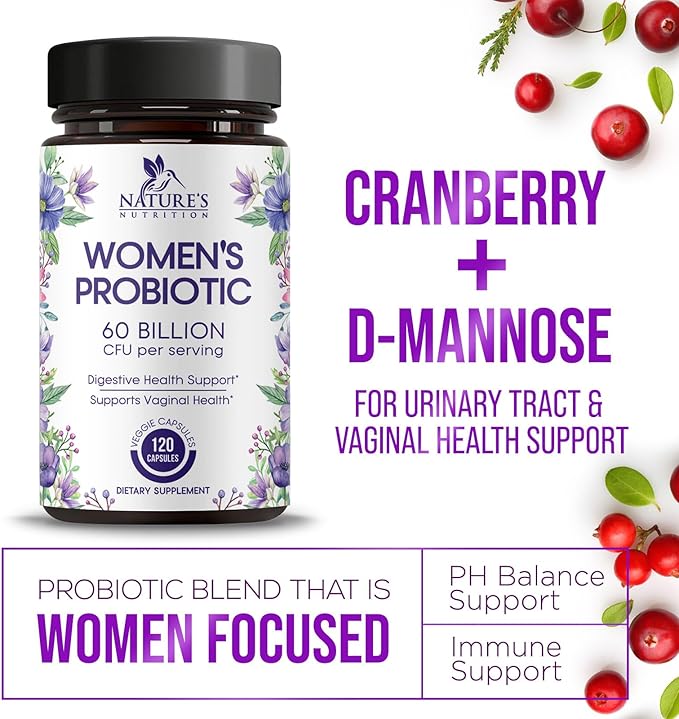 Probiotics for Women 60 Billion CFU - 16 Strains, Digestive Health, Vaginal pH & Immune Support, Prebiotics & Cranberry, Gut Health & Urinary Support, Shelf Stable Women's Probiotic - 120 Capsules