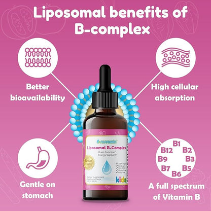 Nuvamin – Liquid Liposomal B-Complex Drops for Kids Baby Toddlers & Adults, 2Fl.Oz (60ml), 120 Daily Serving. B1, B2, B3, B5, B6, B7, B9, B12. Great Taste - Natural - High Absorption, Raspberry Flavor