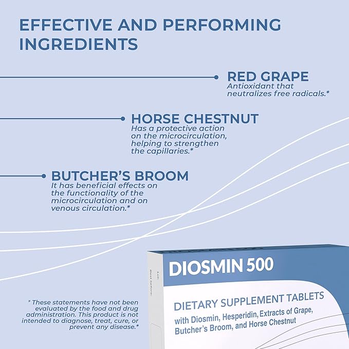 Dulàc - Diosmin 500 Hemorrhoid and Leg Vein Supplement 120 Tablets, Diosmin, Horse Chestnut Extract, Butchers Broom, Hesperidin for Circulation, Made in Italy
