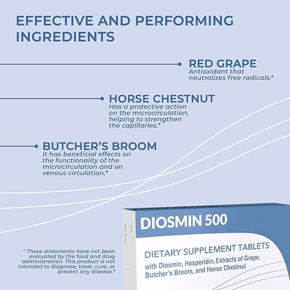 Dulàc - Diosmin 500 Hemorrhoid and Leg Vein Supplement 40 Tablets, Diosmin, Horse Chestnut Extract, Butchers Broom, Hesperidin for Circulation, Made in Italy