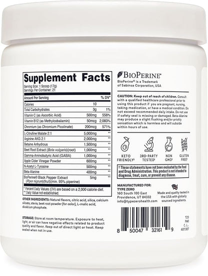 Type Zero Ultra Clean Stim Free Pump Pre Workout + Nitric Oxide Booster (Cherry Limeade) - Non Stimulating and Caffeine-Free for Men & Women