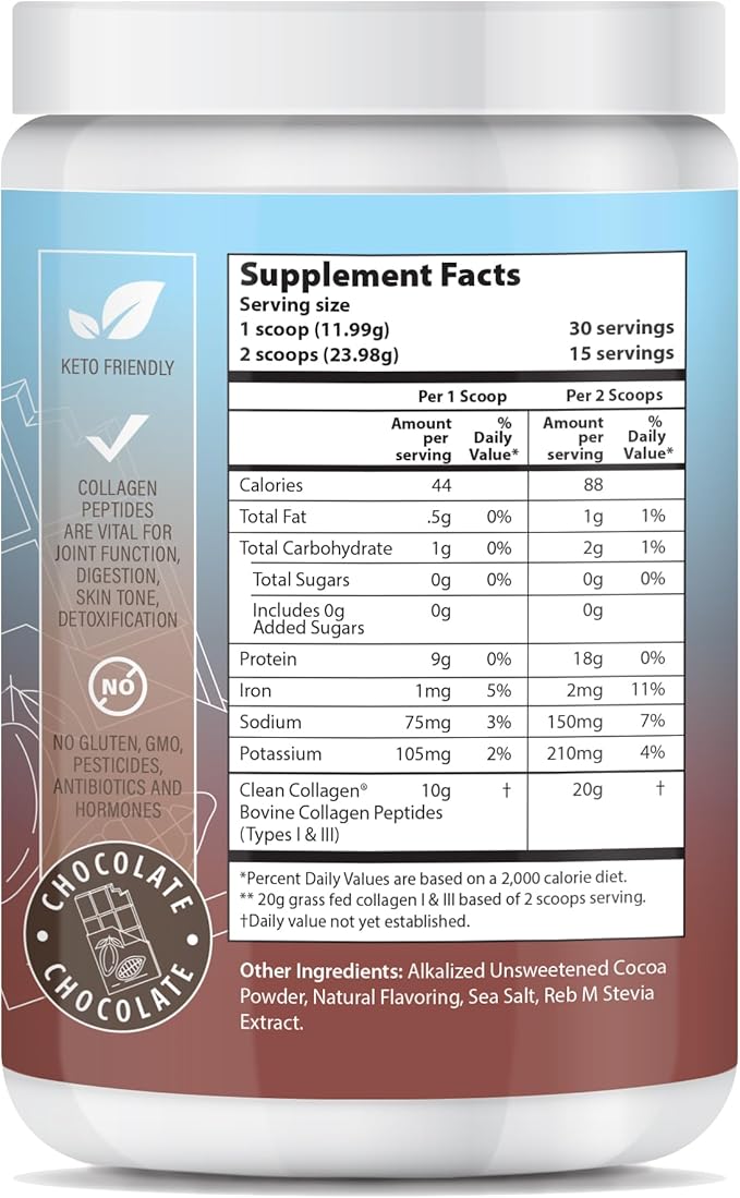 Chocolate Peptides Powder, Grass Fed Hydrolyzed Type 1&3 Collagen, Promotes Hair, Skin, Nails, Bones, Joint Health (30 Servings) (Chocolate)