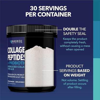 Collagen Peptides Powder with Probiotics - Grass-Fed Hydrolyzed Type I & III for Hair Skin and Nail Health - GLP-1 Nutritional Support for Digestion - Easy-to-Mix, Unflavored, 1-Month Supply