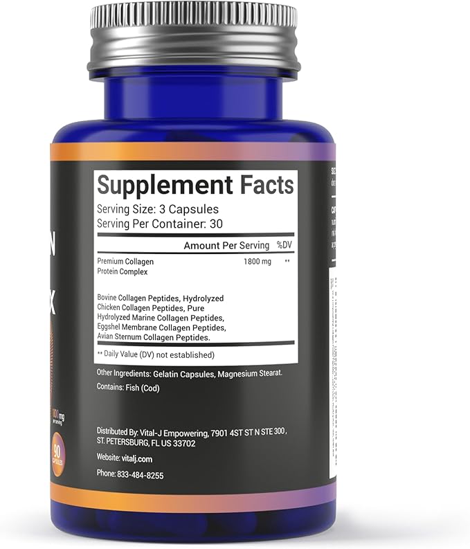 5-IN-1 Collagen Peptides 1800mg, 90 Capsules - Type I, II, III, V, X - Collagen Supplements Capsules for Women and Men - Hydrolyzed Protein, Healthy Hair, Skin, Nails and Joint support supplement