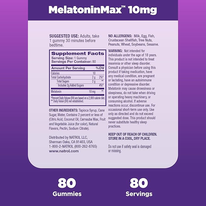 Natrol Melatonin 10mg Sleep Aid Supplement, 80 Count MelatoninMax Gummies, Blueberry Flavor, 10 mg Melatonin Gummies for Occasional Sleeplessness, 80 Day Supply