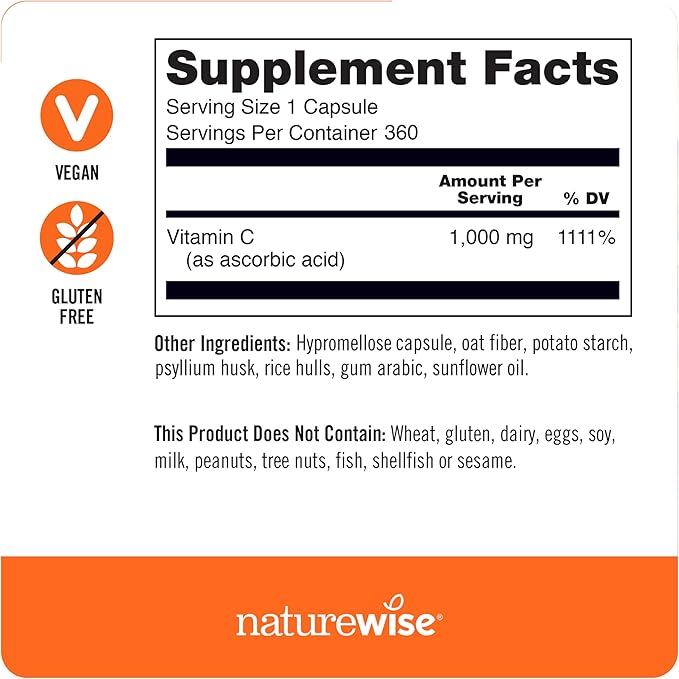 NatureWise Vitamin C 1000mg Capsules - Extra Strength Vegan Vitamin C for Daily Antioxidant & Immune Support - Non-GMO, USA Manufactured - 360 Capsules[360-Day Supply]