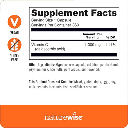NatureWise Vitamin C 1000mg Capsules - Extra Strength Vegan Vitamin C for Daily Antioxidant & Immune Support - Non-GMO, USA Manufactured - 360 Capsules[360-Day Supply]