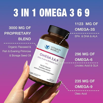 Vitamin World Triple Omega 3-6-9 3000mg with Fish, Flax, Borage & Evening Primrose Oils, Omega-3 Fatty Acids with EPA & DHA, Supports Heart, Brain & Immune Health, Gluten Free, 120 Softgels