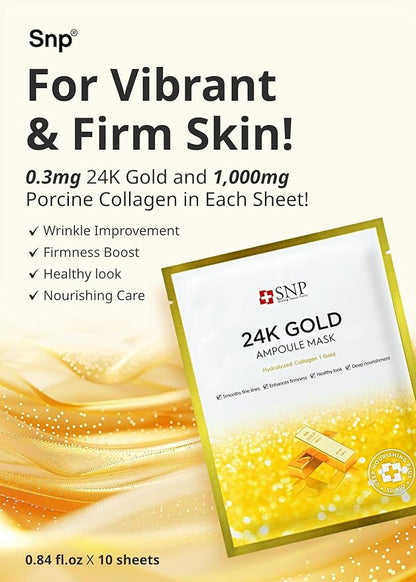 [K Beauty] 24K Gold Ampoule Sheet Mask | Collagen Face Masks Skincare | For Tightening, Hydrating, and Nourishing | Korean Skin Care | Overnight Face Masks | Moisturizing Sheet Mask | 10 Sheets