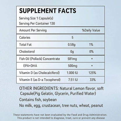 Dr.Brian Omega 3 Fish Oil 580mg per Pill, 3X Absorption rTG EPA DHA Omega 3 Supplement, Easy Swallow Mini Fish Oil Softgels for Heart, Brain, Eyes, Immune Healthy - Lemon Flavored, 130 Count