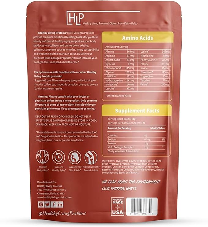Healthy Living Proteins - Hydrolyzed Multi Collagen Peptides Powder Types I, II, III, V & X - Grass Fed Bovine, Wild Caught Marine, Free Range Chicken - Gluten Free (Strawberry-Lemonade, 16 oz)