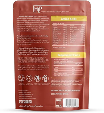 Healthy Living Proteins - Hydrolyzed Multi Collagen Peptides Powder Types I, II, III, V & X - Grass Fed Bovine, Wild Caught Marine, Free Range Chicken - Gluten Free (Strawberry-Lemonade, 16 oz)