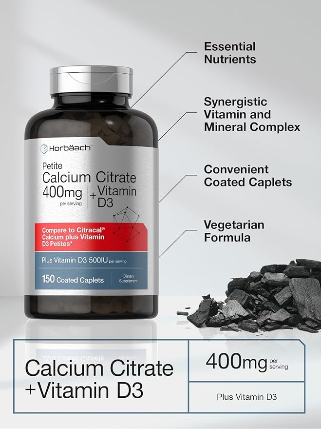 Horbäach Calcium Citrate with Vitamin D3 | 150 Petite Coated Caplets | Supplement for Men and Women | Vegetarian, Non-GMO & Gluten Free
