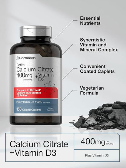 Horbäach Calcium Citrate with Vitamin D3 | 150 Petite Coated Caplets | Supplement for Men and Women | Vegetarian, Non-GMO & Gluten Free