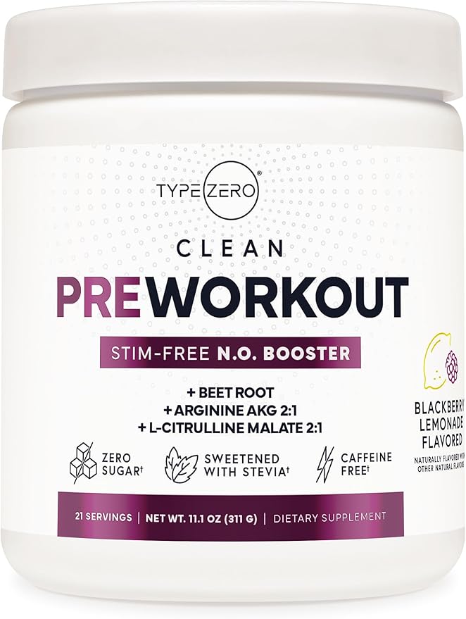Type Zero Ultra Clean Stim Free Pump Pre Workout (Blackberry Lemonade) Beetroot, Arginine, Citrulline Malate, Betaine, Beta A, ACV+ Sugar/Caffeine Free Non Stim Preworkout Men & Women