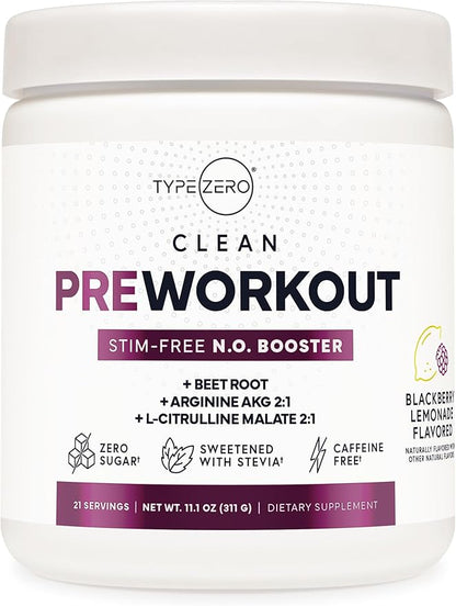 Type Zero Ultra Clean Stim Free Pump Pre Workout (Blackberry Lemonade) Beetroot, Arginine, Citrulline Malate, Betaine, Beta A, ACV+ Sugar/Caffeine Free Non Stim Preworkout Men & Women