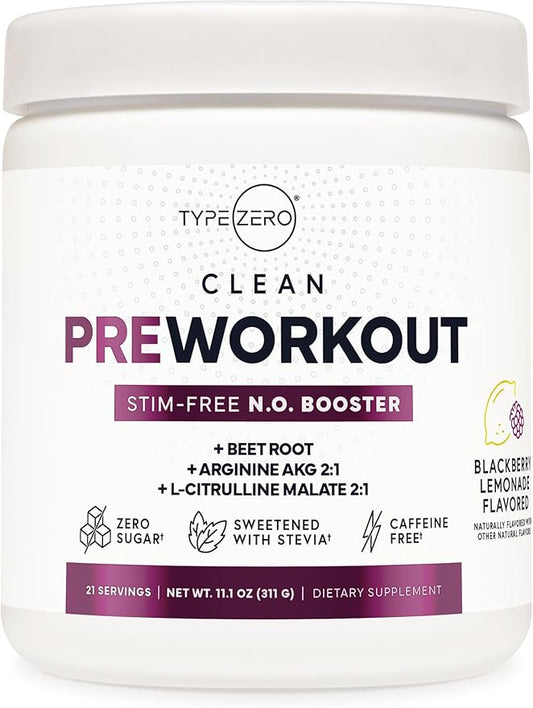 Type Zero Ultra Clean Stim Free Pump Pre Workout (Blackberry Lemonade) Beetroot, Arginine, Citrulline Malate, Betaine, Beta A, ACV+ Sugar/Caffeine Free Non Stim Preworkout Men & Women
