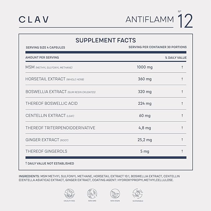 CLAV Boswellia Extract Capsules with MSM, Horsetail Extract, Gotu Kola & Ginger Extracts - Joint Support Supplement - 120 Capsules