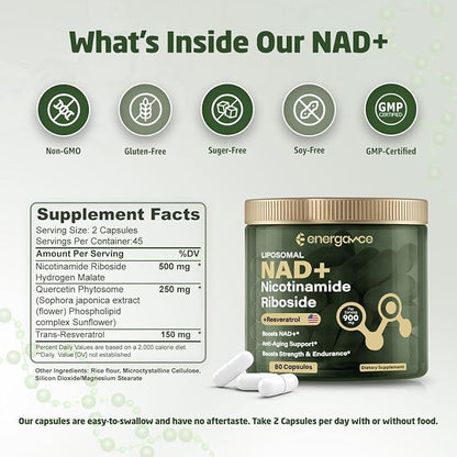 Premium NAD+ Supplement for Cellular Energy and Healthy Aging - Supports Cognitive Function, Vitality, and Immune Health - 80 Vegan Capsules