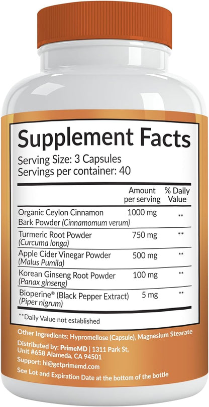 5-in-1 Ceylon Cinnamon Capsules 2355mg - Apple Cider Vinegar Capsules with Turmeric, Panax Ginseng, and Bioperine (120 Count, Pack of 2)