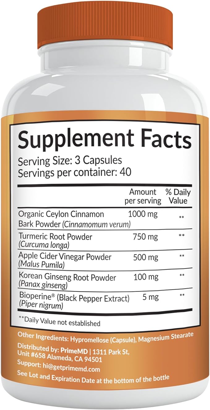 5-in-1 Ceylon Cinnamon Capsules 2355mg - Ceylon Cinnamon and Apple Cider Vinegar with Turmeric, Panax Ginseng, Cinnamon, and Bioperine, 120 ct