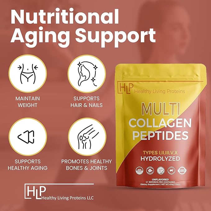 Healthy Living Proteins | Multi Hydrolyzed Collagen Peptides Type I, II, III, V, & X | Grass Fed Bovine, Wild Caught Marine, Free Range Chicken | Gluten Free (Unflavored, 1 Pound (Pack of 1))