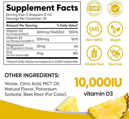 Venture Pal Vitamin D3 10000 iu Plus K2 (MK-7) 200 mcg Liquid Drops, Magnesium & Zinc MCT Oil | for Bone, Mood & Immune Health | High Absorption VIT K2 D3 Vitamin Supplement(Pineapple,2 Fl Oz)