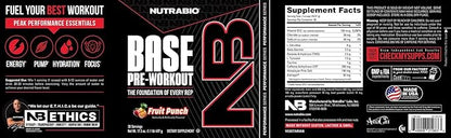 NutraBio Base Pre-Workout Powder 200mg Caffiene, Sustained Energy, Focus, Endurance, Pump, Sugar Free, Clean Preworkout for Men and Women - Beta Alanine, L-Tyrosine, 30 Servings - Fruit Punch