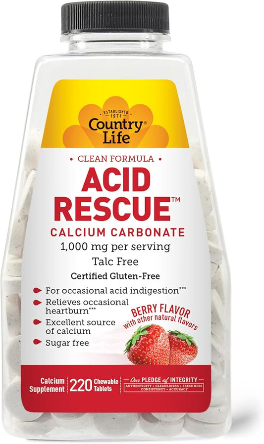 Country Life Acid Rescue Chewable Tablets - Certified Vegan & Gluten-Free Heartburn Relief, 400mg Calcium & Magnesium, Non-GMO, Sugar-Free Berry Flavor, Supports Bone Health, 220 Count