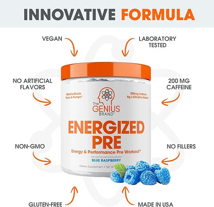 Genius Energized Pre Workout Powder – Caffeine Infused Pre-Workout Booster Supplement with Beta Alanine & Alpha GPC, No Artificial Sweeteners or Dyes - 200mg Caffeine, 20 Servings, Blue Raspberry