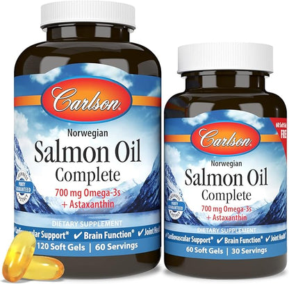 Carlson - Salmon Oil Complete, 700 mg Omega-3s + Astaxanthin, Norwegian, Heart, Brain & Joint Health, 120+60 Softgels
