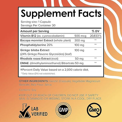 Vital Vitamins Brain Supplements for Memory and Focus (2-Pack)– Nootropic Brain Booster with Ginkgo Biloba, Rhodiola, B12 – Caffeine-Free Support for Adults & Seniors – 60-Day Supply