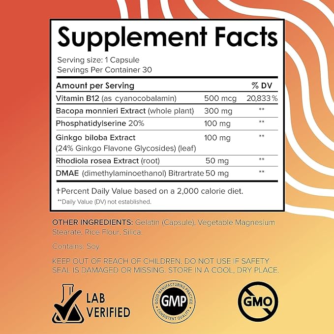 Vital Vitamins Brain Supplements for Memory and Focus – Nootropic Brain Booster with Bacopa Monnieri, Ginkgo Biloba, Rhodiola – Caffeine-Free Support for Adults & Seniors – 30-Day Supply, 30 Capsules