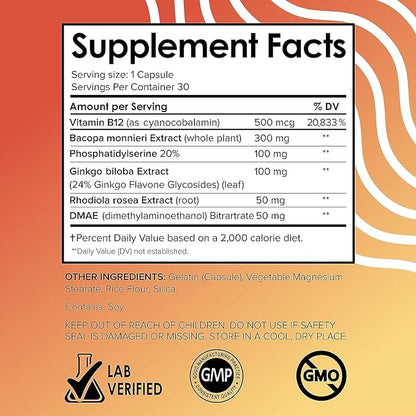 Vital Vitamins Brain Supplements for Memory and Focus – Nootropic Brain Booster with Bacopa Monnieri, Ginkgo Biloba, Rhodiola – Caffeine-Free Support for Adults & Seniors – 30-Day Supply, 30 Capsules