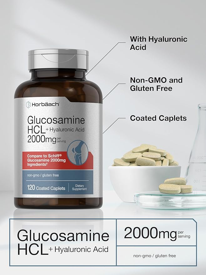 Horbäach Glucosamine HCL | with Hyaluronic Acid | 2000mg | 120 Coated Caplets | Non-GMO & Gluten Free Supplement