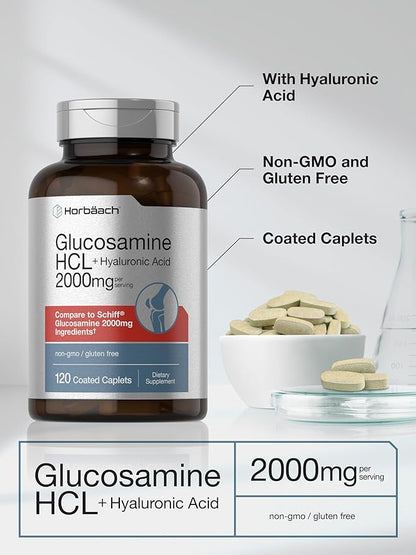 Horbäach Glucosamine HCL | with Hyaluronic Acid | 2000mg | 120 Coated Caplets | Non-GMO & Gluten Free Supplement