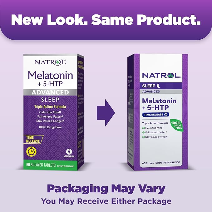 Natrol Melatonin + 5-HTP Advanced Time Release Sleep Aid, Triple Action Formula, Calm the Mind, Fall Asleep Faster and Stay Asleep Longer, 60 Bi-Layer Tablets, Up to a 60 Day Supply