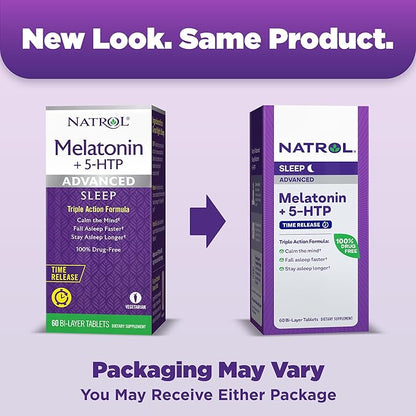 Natrol Melatonin + 5-HTP Advanced Time Release Sleep Aid, Triple Action Formula, Calm the Mind, Fall Asleep Faster and Stay Asleep Longer, 60 Bi-Layer Tablets, Up to a 60 Day Supply