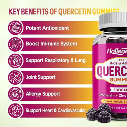 Quercetin Gummies for Kids and Adults, 1000mg Quercetin with Bromelain Vitamin C Zinc and Elderberry Supplement Organic, Chewable Gummies Vegan for Immunity Allergy Support, 120 Count