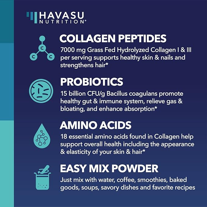 Collagen Peptides Powder with Probiotics - Grass-Fed Hydrolyzed Type I & III for Hair Skin and Nail Health - GLP-1 Nutritional Support for Digestion - Easy-to-Mix, Unflavored, 1-Month Supply