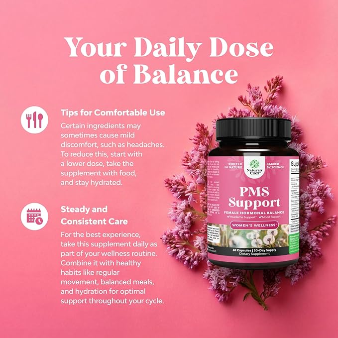 PMS Support Supplement for Women – Hormone Balance for Women & Menstrual Discomfort with DIM, Chasteberry, Black Cohosh & Ashwagandha - for Period Cramps Ease, Menopause Bloating, Mood Swing – 60 Ct