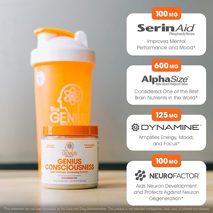Genius Consciousness - Premium Nootropic Powder for Focus, Memory & Mental Clarity - AlphaSize, NeuroFactor, Lion’s Mane & Dynamine - Natural Brain Booster for Studying, Work & Creativity – Watermelon