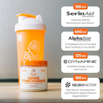 Genius Consciousness - Premium Nootropic Powder for Focus, Memory & Mental Clarity - AlphaSize, NeuroFactor, Lion’s Mane & Dynamine - Natural Brain Booster for Studying, Work & Creativity – Watermelon